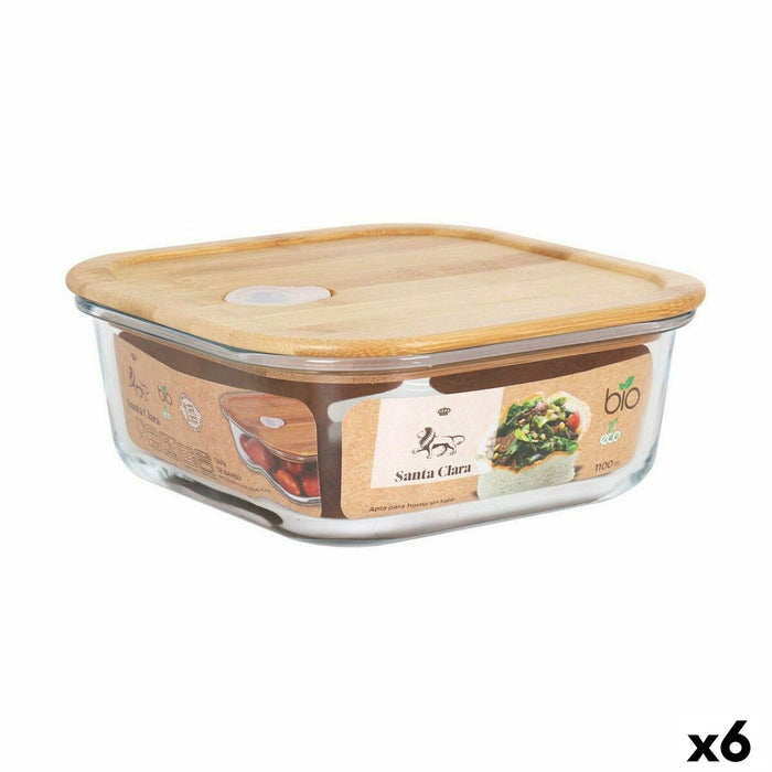 Cutie pătrată pentru prânz cu capac Santa Clara   Bambus Sticlă borosilicată 1,1 L 18 x 18 x 7 cm (6 Unități)