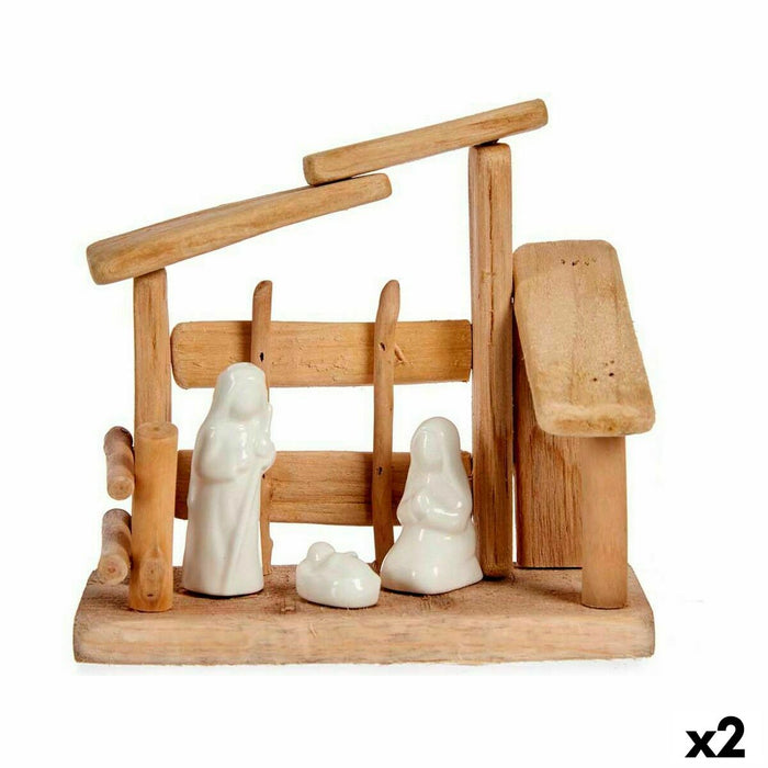 Scena Nașterii de Crăciun Alb Natural Lemn Ceramică 18 x 17 x 8 cm (2 Unități)
