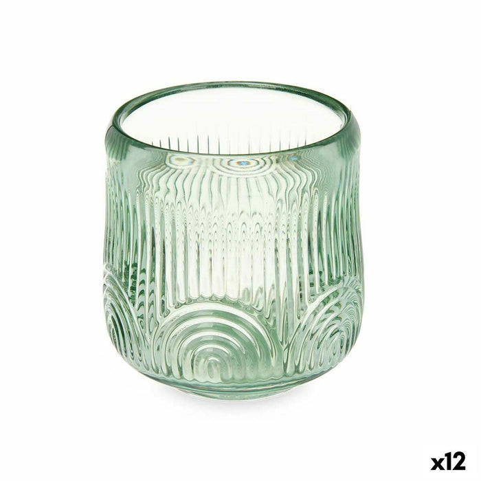 Suport de Lumânări Dungi Verde Geam 9 x 9,5 x 9 cm (12 Unități)