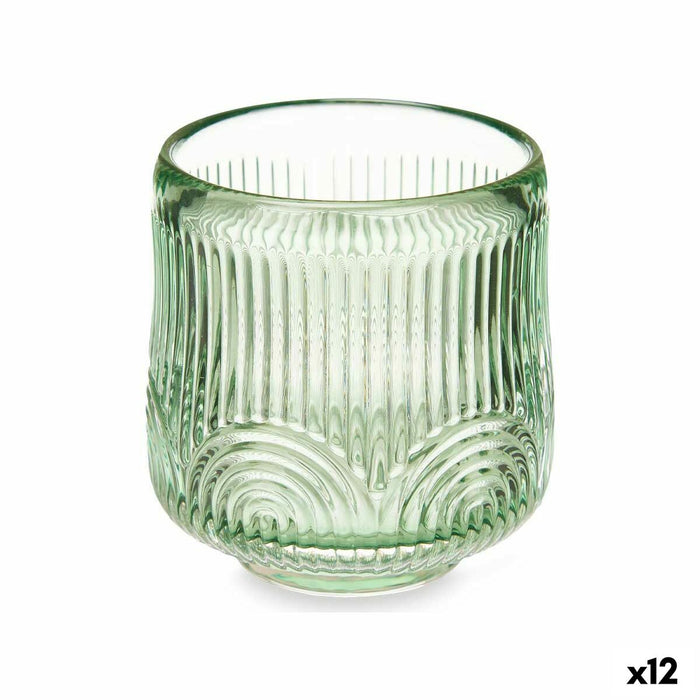 Suport de Lumânări Dungi Verde Geam 7,5 x 7,8 x 7,5 cm (12 Unități)