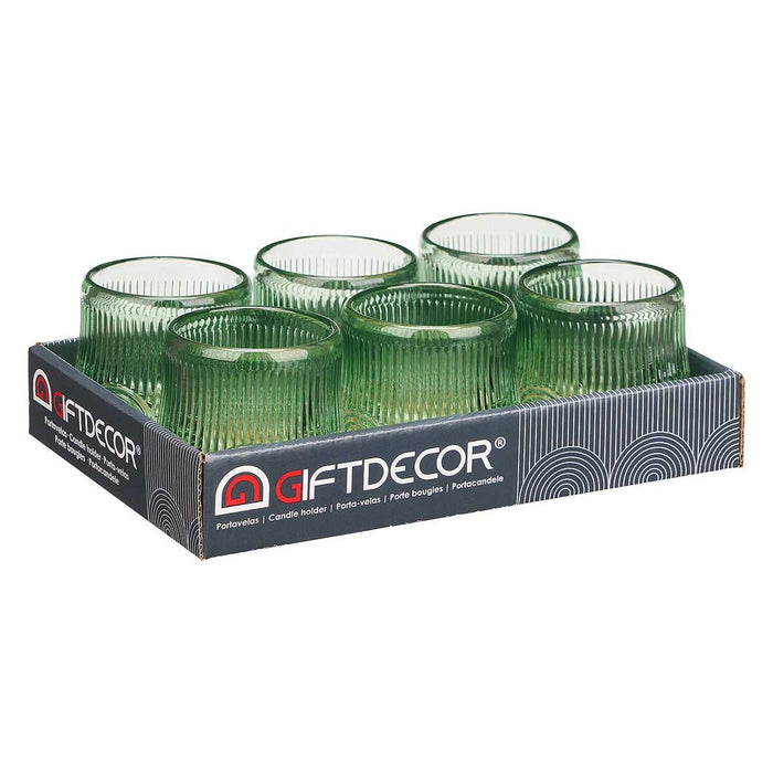 Suport de Lumânări Dungi Verde Geam 7,5 x 7,8 x 7,5 cm (12 Unități)