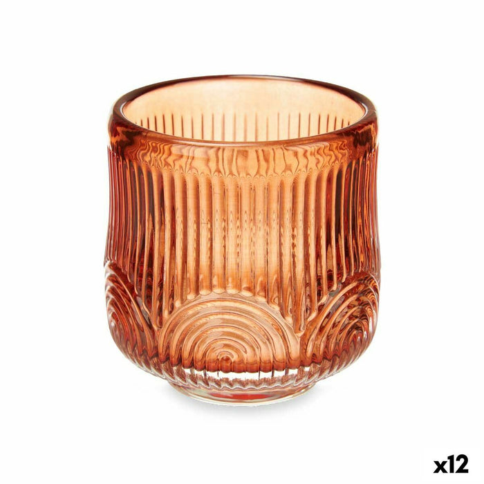 Suport de Lumânări Dungi Portocaliu Geam 7,5 x 7,8 x 7,5 cm (12 Unități)