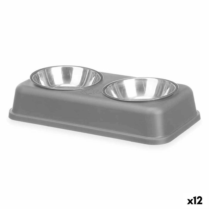 Castron de hrană pentru animale de companie Gri Metal 35 x 7,5 x 19 cm Double (12 Unități)