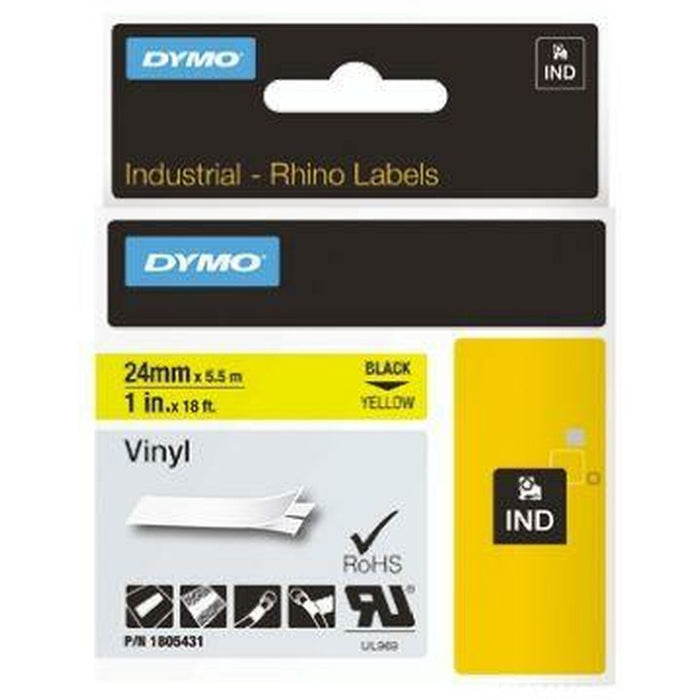 Bandă Laminată pentru Aparate de Etichetat Rhino Dymo ID1-24 24 x 5,5 mm Negru Galben Vynils Auto-adezivi (5 Unități)