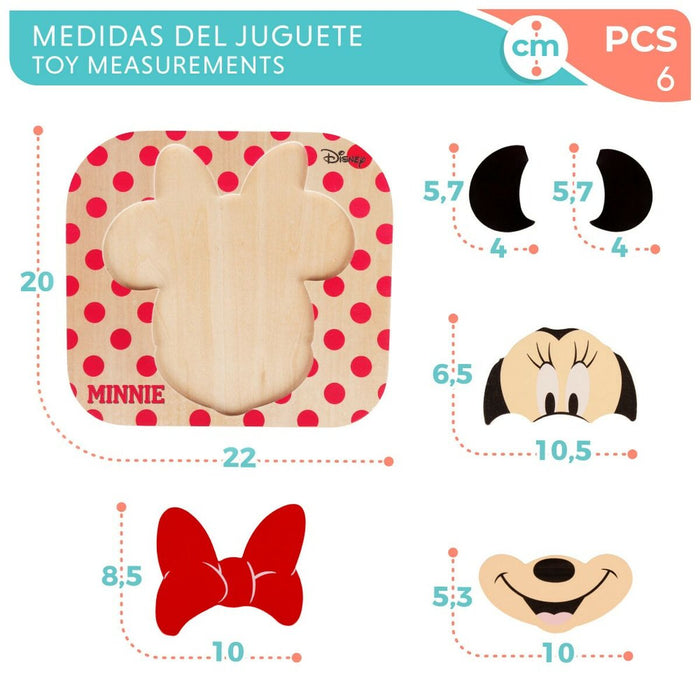 Puzzle pentru Copii din Lemn Disney Minnie Mouse + 12 Luni 6 Piese (12 Unități)