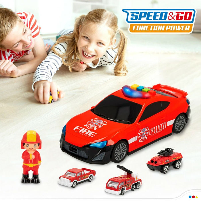 Set de Jucării cu Vehicule Speed & Go Pompier Lumină Sunet 1:64 (4 Unități)