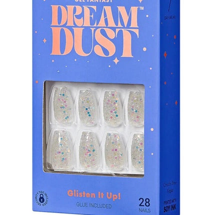 Set unghii false Kiss Gel Fantasy Dream Dust, Coffin, lungime scurtă, finisaj glitter multicolor