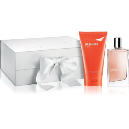 Set Cadou Parfum Feminin Jil Sander Eve, cutie albă cu fundă, flacon transparent, tub portocaliu