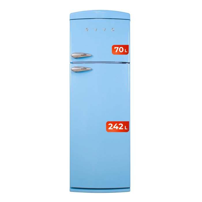 Frigider retro cu 2 uși Cecotec Evvo F50 Retro Azul, 242 l + 70 l, 60,5 × 63,6 × 179,4 cm, albastru pastel