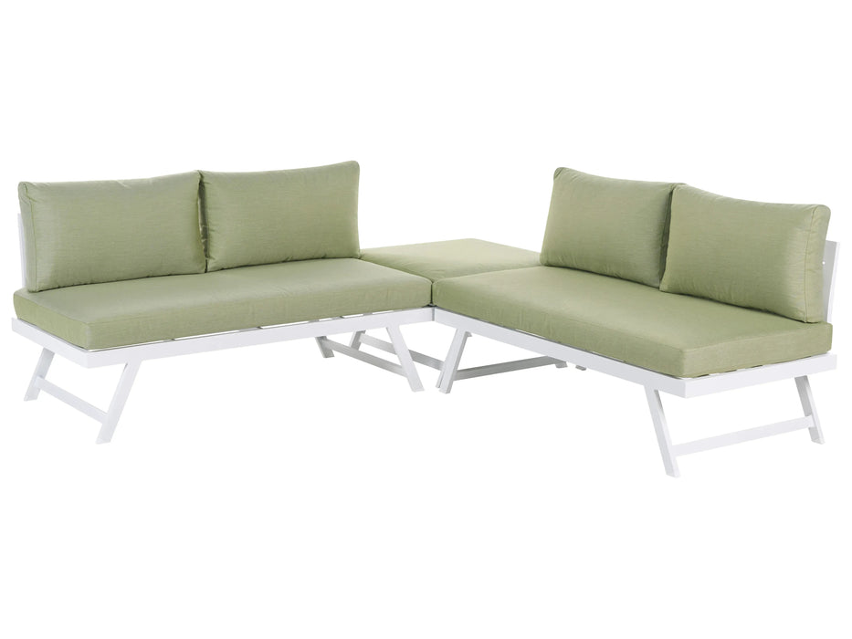 Set colțar lounge pentru grădină, Beliani, 5 locuri, structură aluminiu, alb cu perne verzi