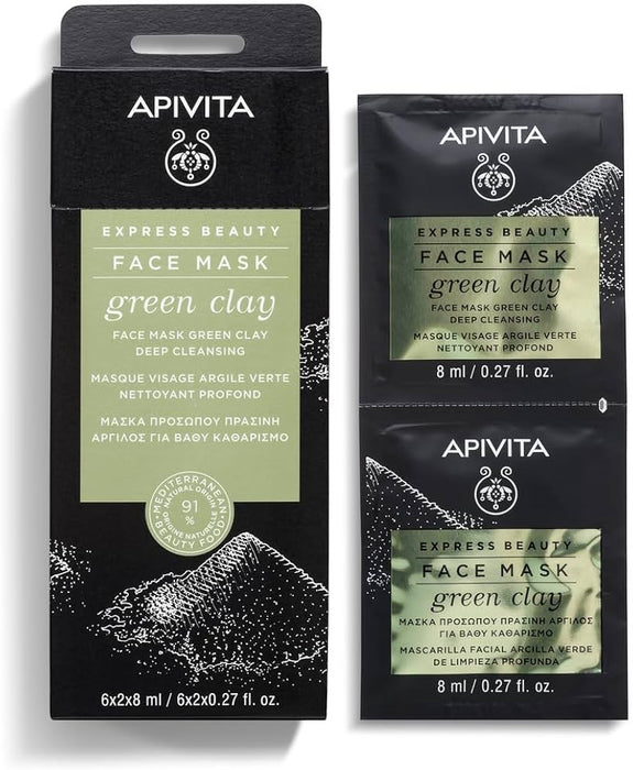 Mască de față Apivita Express Beauty Green Clay, cu argilă verde, pentru curățare profundă, 2 x 8 ml
