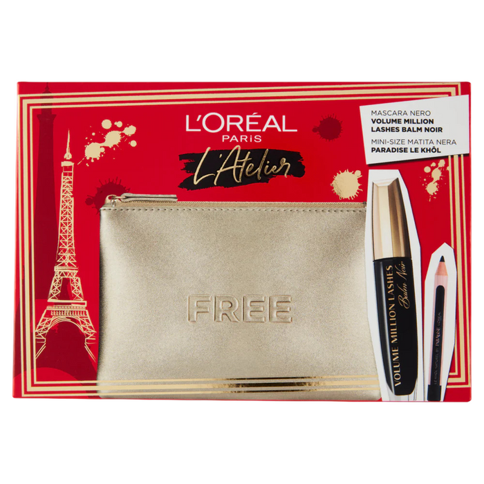 Set Mascara L'Oreal Paris Volume Million Lashes + creion kajal Paradise Le Khol + geantă cosmetică, negru, 8,9 ml + 1,2 g