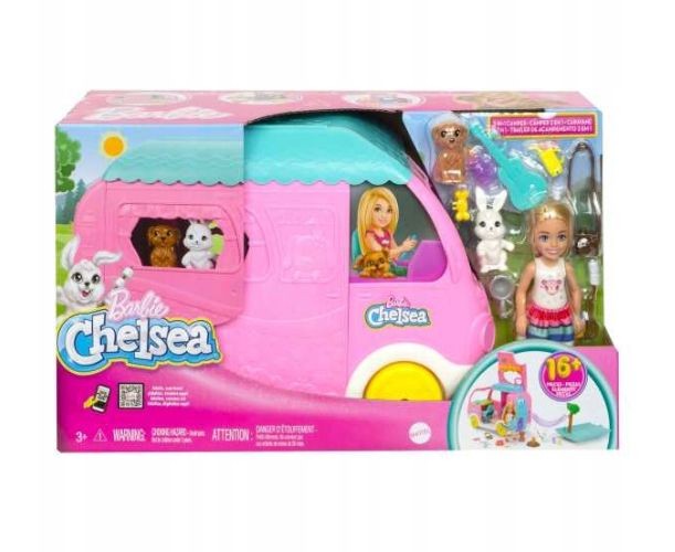 Rulotă de jucărie Mattel Barbie Chelsea, 2 în 1, cu păpușă inclusă, 3+ ani