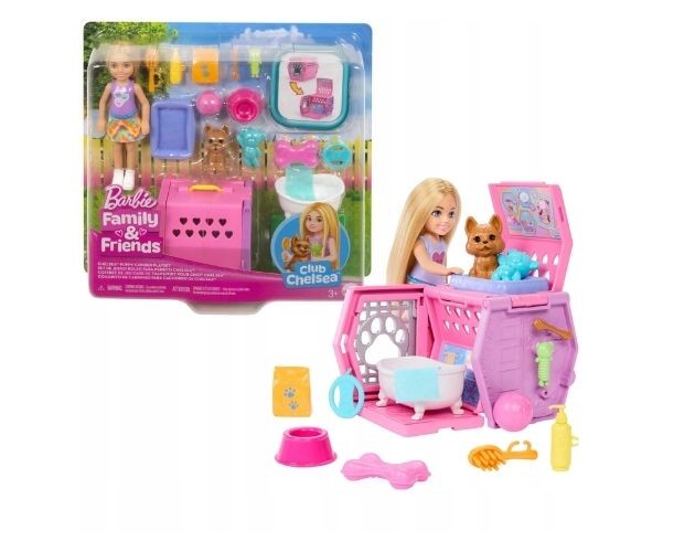 Set de joacă Mattel Barbie Club Chelsea, Puppy Carrier cu cățeluș și accesorii, 3+ ani