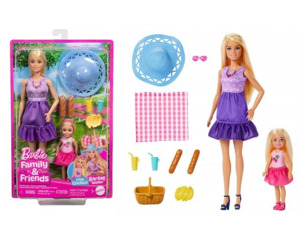 Set de păpuși Mattel Barbie Family & Friends, Picnic cu Barbie și Chelsea, 2 păpuși, 3+ ani