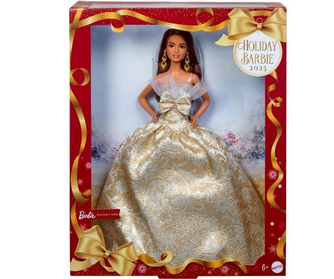 Păpușă Mattel Barbie Holiday 2025, brunetă, rochie aurie, 6+ ani