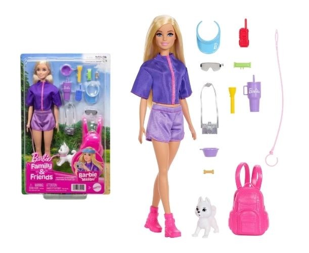Păpușă Mattel Barbie Outdoor Adventures Malibu, cu cățel și accesorii