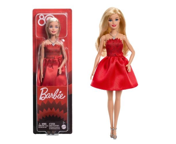 Păpușă Mattel Barbie, colecția aniversară de 80 de ani, blondă cu rochie roșie rubin, 3+ ani