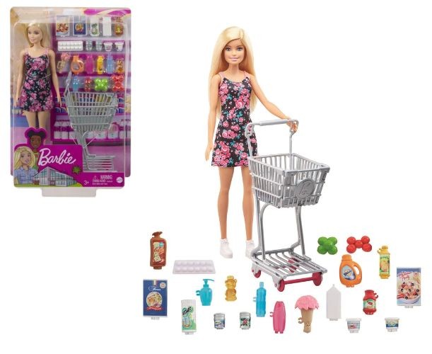 Set de joacă Mattel Barbie, Supermarket, păpușă cu cărucior și accesorii, 3+ ani