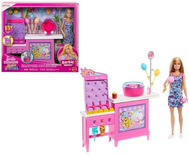 Set cu păpușă Mattel Barbie Mysteries Beach Detectives, Cotton Candy, peste 15 accesorii