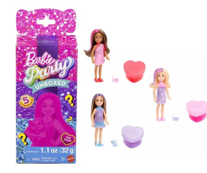 Păpușă Mattel Barbie Party Unboxed, Chelsea, 5 surprize, 3+ ani