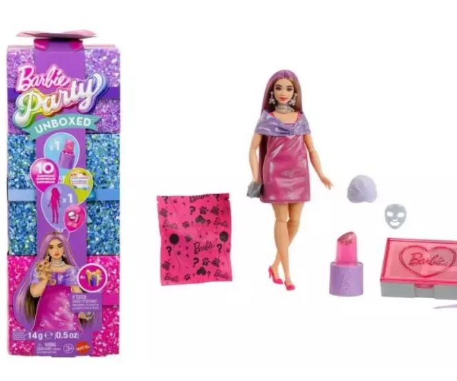 Păpușă Mattel Barbie Party Unboxed, Glam Pink Curvy, 10 surprize