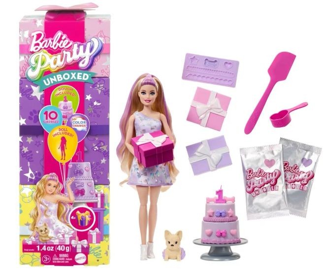 Păpușă Mattel Barbie Party Unboxed, Glam Red, 10 surprize, 3+ ani