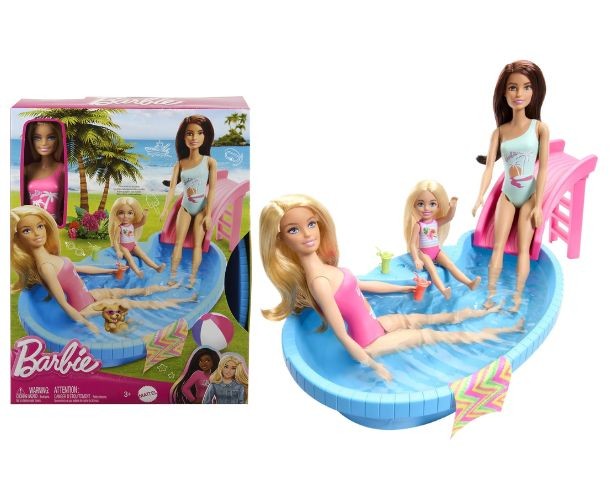 Set de joacă Mattel Barbie, piscină cu tobogan și păpușă, 3+ ani