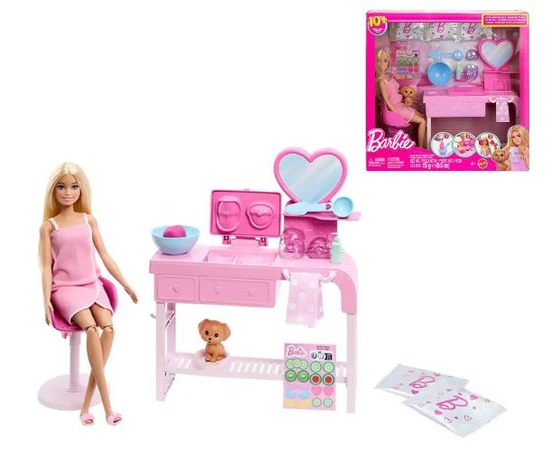 Set de joacă Mattel Barbie Face Mask Day Spa, cu păpușă și cățeluș