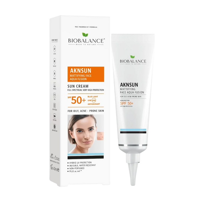 Cremă de față cu protecție solară Bio Balance Aknsun Mattifying Face Aqua Fusion, matifiantă, pentru ten gras și predispus la acnee, SPF 50+, 40 ml
