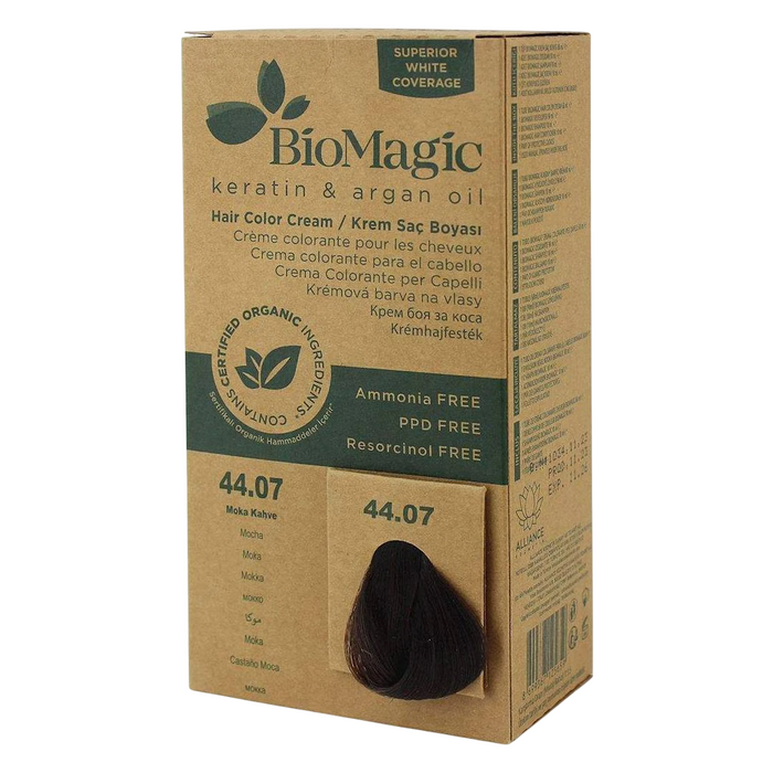 Vopsea permanentă de păr Biomagic Keratină și ulei de argan, nuanța 44.07 Mocha, fără amoniac, 250 ml, tester