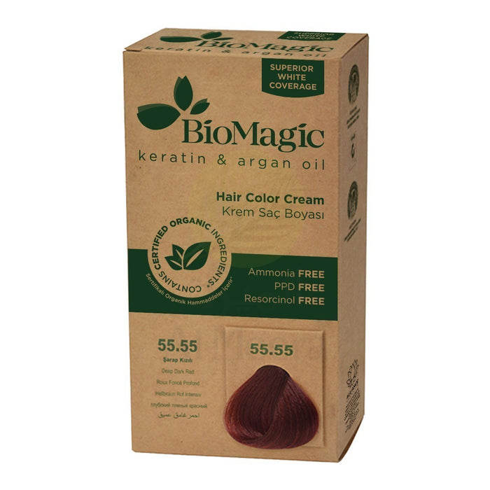 Vopsea permanentă de păr Biomagic Keratin & Argan Oil, nuanța 55.55 Roșu de vin, fără amoniac, 250 ml, tester