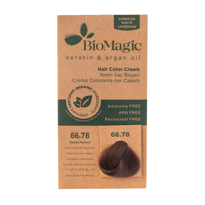 Vopsea permanentă de păr Biomagic Keratină și ulei de argan, nuanța 66.78 Ciocolată caramel, 250 ml, tester