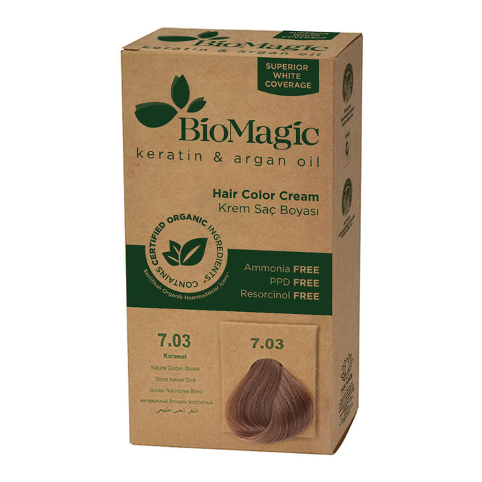 Vopsea permanentă de păr Biomagic Keratin & Argan Oil, nuanța 7.03 Caramel, fără amoniac, 250 ml, tester