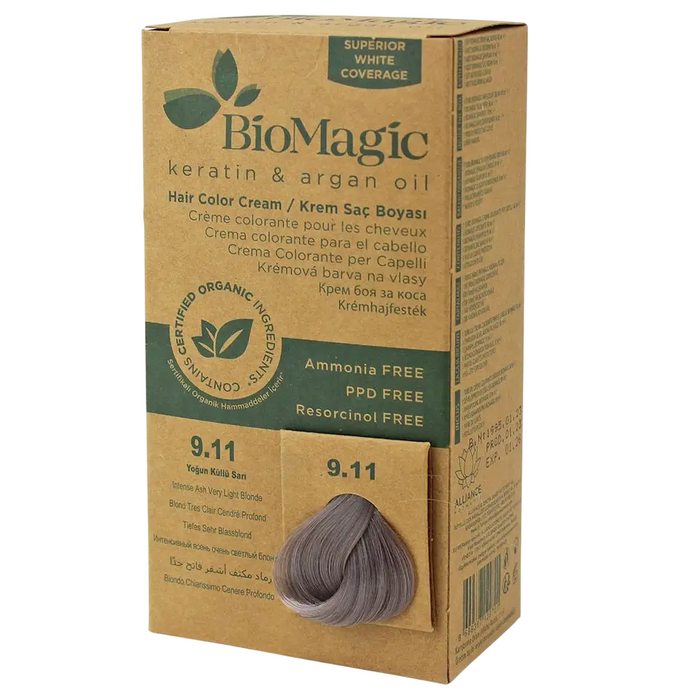Vopsea permanentă de păr Biomagic Keratină și ulei de argan, nuanța 9.11, 250 ml, tester