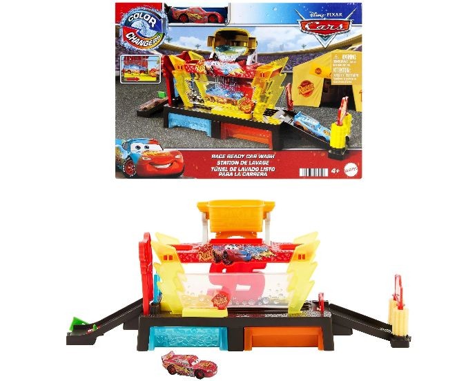 Set de joacă Mattel Cars, Race Ready Car Wash, cu 1 mașinuță inclusă, efect de schimbare a culorii, 4+ ani