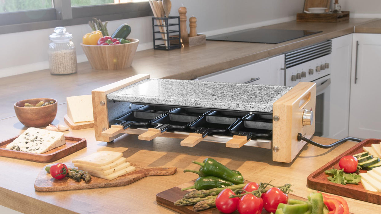 Aparat raclette Cecotec Cheese&Grill 8600 Wood AllStone, 1200 W, 8 tigăi, 13 × 46,5 × 22,5 cm, gri