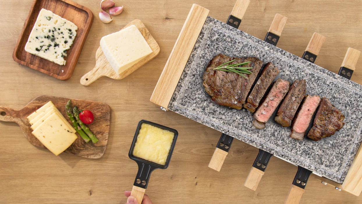 Aparat raclette Cecotec Cheese&Grill 8600 Wood AllStone, 1200 W, 8 tigăi, 13 × 46,5 × 22,5 cm, gri