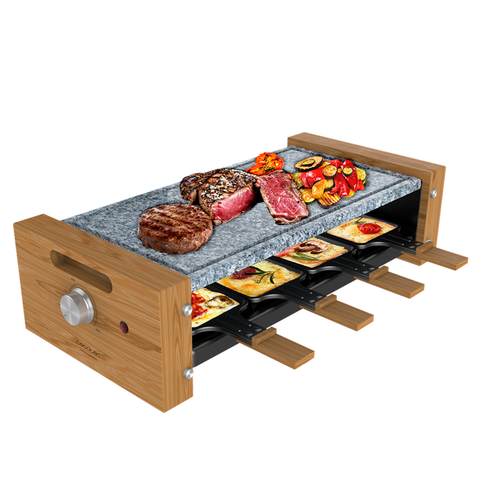 Aparat raclette Cecotec Cheese&Grill 8600 Wood AllStone, 1200 W, 8 tigăi, 13 × 46,5 × 22,5 cm, gri