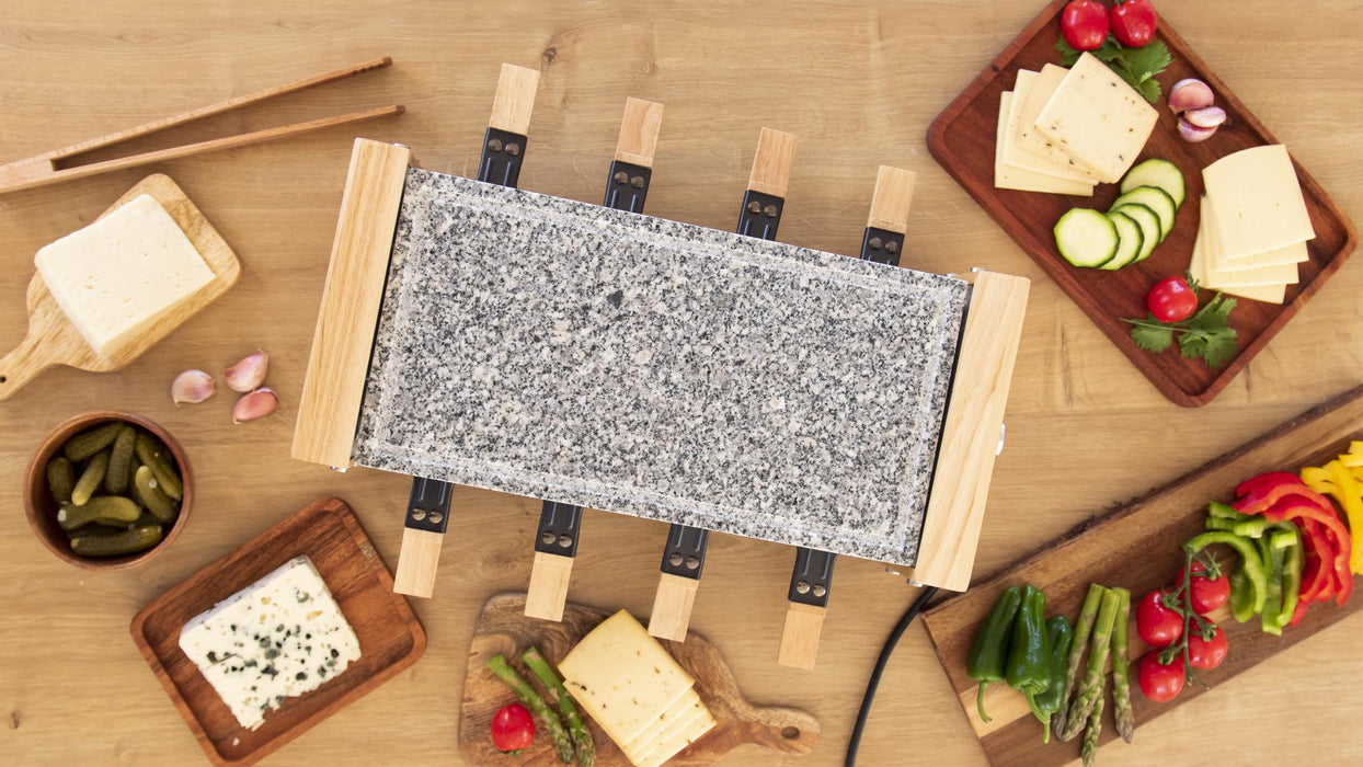Aparat raclette Cecotec Cheese&Grill 8600 Wood AllStone, 1200 W, 8 tigăi, 13 × 46,5 × 22,5 cm, gri