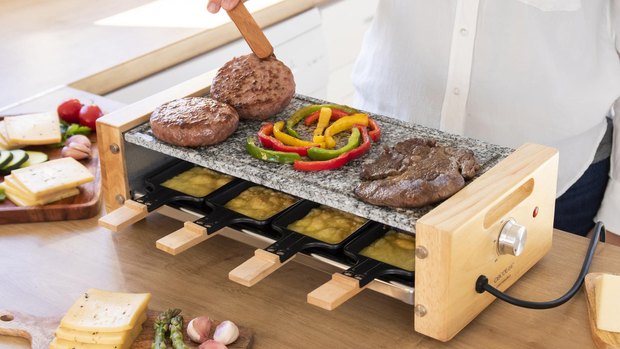 Aparat raclette Cecotec Cheese&Grill 8600 Wood AllStone, 1200 W, 8 tigăi, 13 × 46,5 × 22,5 cm, gri