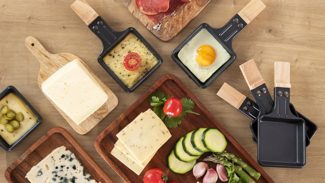 Aparat raclette Cecotec Cheese&Grill 8600 Wood AllStone, 1200 W, 8 tigăi, 13 × 46,5 × 22,5 cm, gri