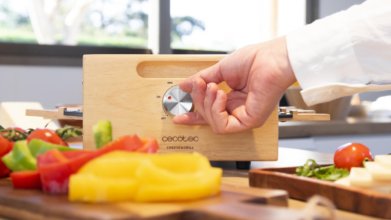 Aparat raclette Cecotec Cheese&Grill 8600 Wood AllStone, 1200 W, 8 tigăi, 13 × 46,5 × 22,5 cm, gri