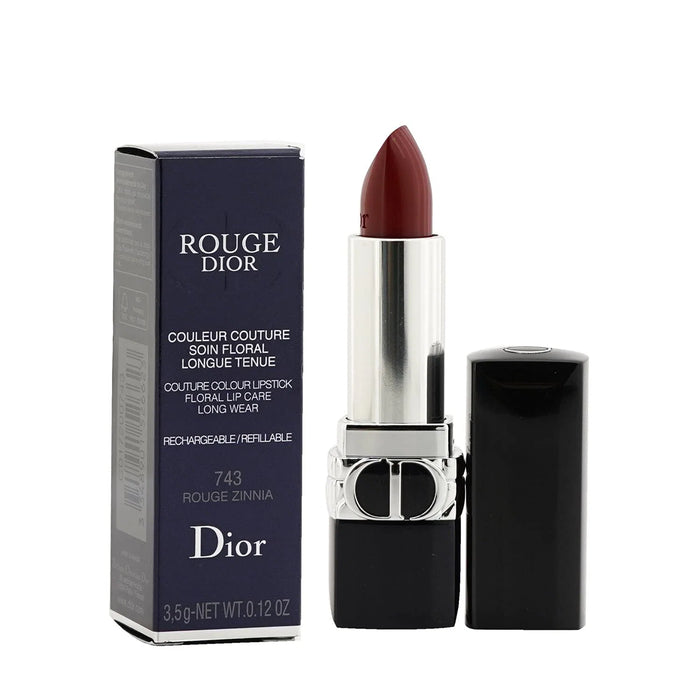 Ruj cremos Christian Dior Rouge Dior, finisaj satinat, reîncărcabil, nuanța 743 Rouge Zinnia, 3,5 g