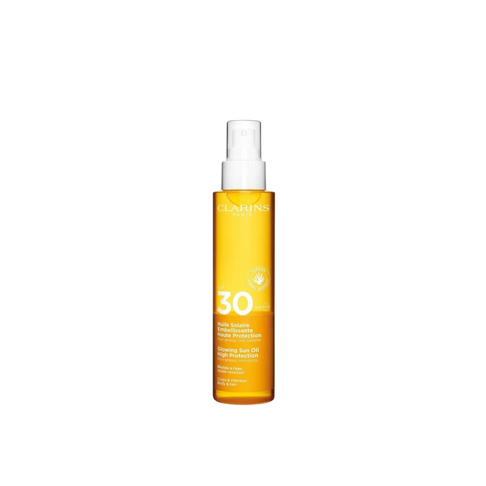 Spray pentru protecție solară Clarins Glowing Sun, hidratant, SPF 30, 150 ml