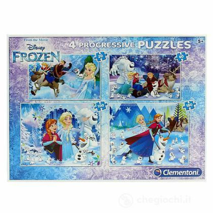 Set de puzzle-uri Clementoni Frozen, 4 niveluri progresive, 20, 60, 100 și 180 piese, de la 5 ani