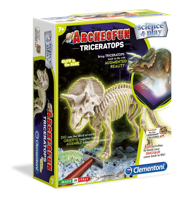 Set de excavare Clementoni Science & Play Archeofun Triceratops, schelet fosforescent, de la 7 ani