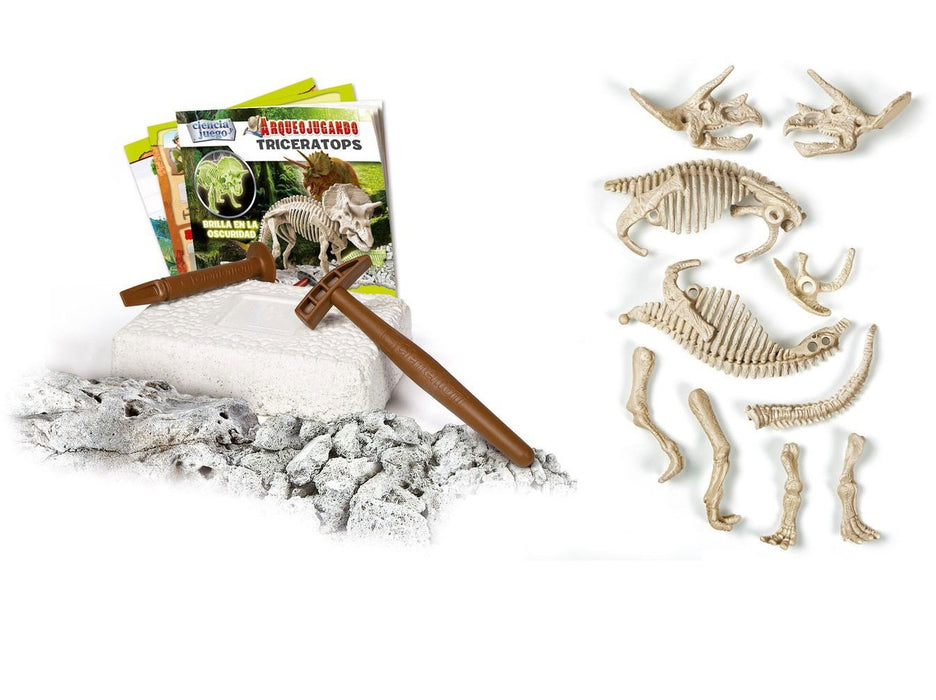 Set de excavare Clementoni Science & Play Archeofun Triceratops, schelet fosforescent, de la 7 ani
