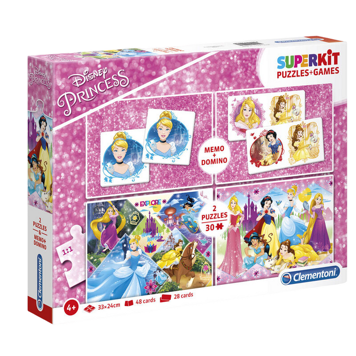 Set de puzzle-uri și jocuri Clementoni SuperKit Disney Princess, 2 puzzle-uri de 30 piese + memo 48 cărți + domino 28 cărți, 4+