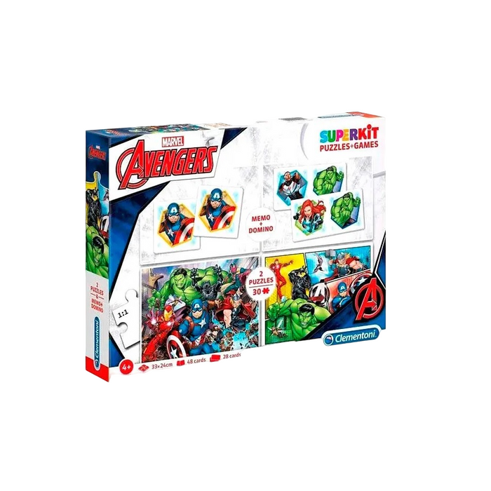 Set de puzzle-uri și jocuri Clementoni SuperKit Avengers, 2 puzzle-uri de 30 piese + memo de 48 piese + domino de 28 piese